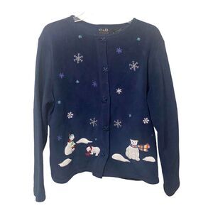 VTG Croft & Barrow Holiday Sweater Women Small Blue Button Up Christmas